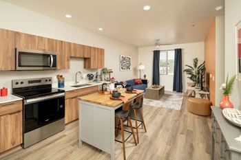 European wood-style cabinets and quartz countertops